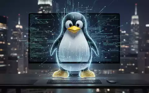 Stilisierter Linux-Pinguin aus Datenströmen auf modernem Desktop, verschwommener Stadthintergrund. - Foto: über boerse-global.de