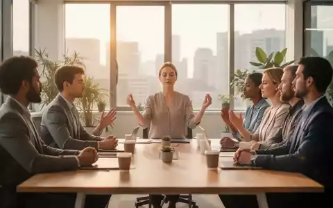Eine Gruppe von Fachleuten in einem modernen Büro nimmt an einer Stressbewältigungsübung teil, die Ruhe und Zusammenarbeit ausstrahlt. - Foto: über boerse-global.de