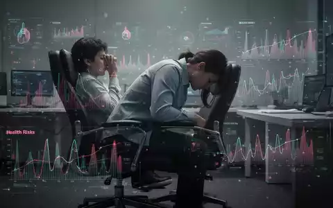 Eine Person sitzt in einem Bürostuhl, umgeben von abstrakten Datenvisualisierungen, die Gesundheitsrisiken andeuten. - Foto: über boerse-global.de