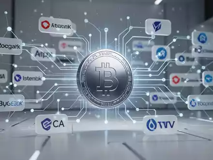 Leuchtendes digitales Stablecoin-Symbol in der Mitte, umgeben von einem Netzwerk verbundener abstrakter Firmenlogos, symbolisiert eine neue Krypto-Integration. - Foto: über boerse-global.de