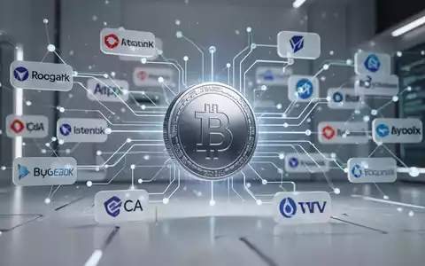 Leuchtendes digitales Stablecoin-Symbol in der Mitte, umgeben von einem Netzwerk verbundener abstrakter Firmenlogos, symbolisiert eine neue Krypto-Integration. - Foto: über boerse-global.de