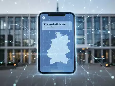 Digitaler Personalausweis oder Smartphone mit sicherer Bürgerkonten-Oberfläche, Binärcode und Schleswig-Holstein-Umriss, Symbol für digitale Transformation. - Foto: über boerse-global.de