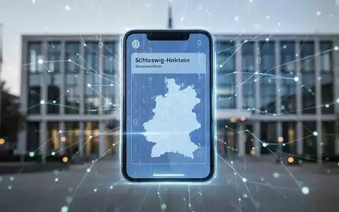 Digitaler Personalausweis oder Smartphone mit sicherer Bürgerkonten-Oberfläche, Binärcode und Schleswig-Holstein-Umriss, Symbol für digitale Transformation. - Foto: über boerse-global.de