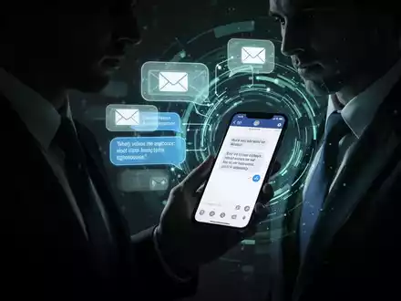 Schattenhafte Figur mit Smartphone, gefälschte Nachricht, vor leuchtender holografischer E-Mail- und Chat-Oberfläche. - Foto: über boerse-global.de