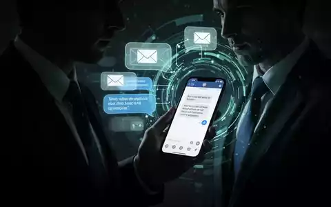 Schattenhafte Figur mit Smartphone, gefälschte Nachricht, vor leuchtender holografischer E-Mail- und Chat-Oberfläche. - Foto: über boerse-global.de
