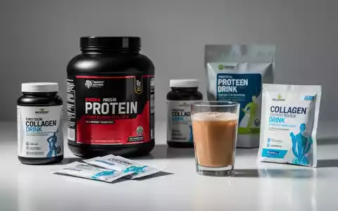 Eine Nahaufnahme verschiedener Wellness- und NahrungsergĂ€nzungsmittel, darunter Proteinpulver, Kollagenprodukte und ein zubereitetes GetrĂ€nk. - Foto: ĂŒber boerse-global.de