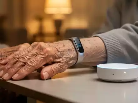 Eine ältere Hand mit einem modernen, unauffälligen Smart-Wearable-Armband. Im Hintergrund ein unscharfes, warm beleuchtetes Zuhause. - Foto: über boerse-global.de