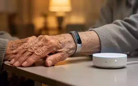 Eine ältere Hand mit einem modernen, unauffälligen Smart-Wearable-Armband. Im Hintergrund ein unscharfes, warm beleuchtetes Zuhause. - Foto: über boerse-global.de