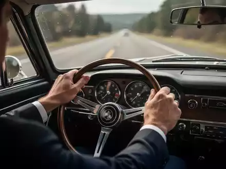 Hände halten ein Lenkrad in einem klassischen Autoinnenraum, mit einem Fokus auf die Strasse, die Konzentration und manuelle Steuerung darstellt. - Foto: über boerse-global.de