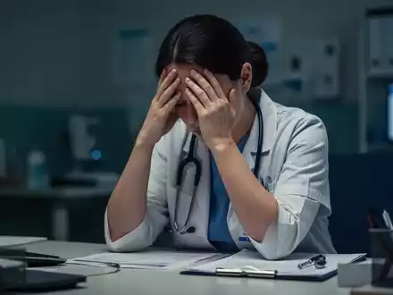 Eine erschöpfte Ärztin oder Krankenschwester sitzt mit dem Kopf in den Händen an einem Schreibtisch und symbolisiert Burnout im Gesundheitswesen. - Foto: über boerse-global.de