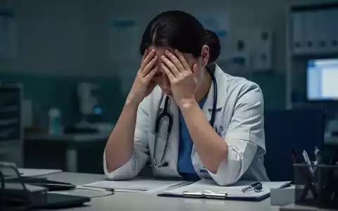 Eine erschöpfte Ärztin oder Krankenschwester sitzt mit dem Kopf in den Händen an einem Schreibtisch und symbolisiert Burnout im Gesundheitswesen. - Foto: über boerse-global.de