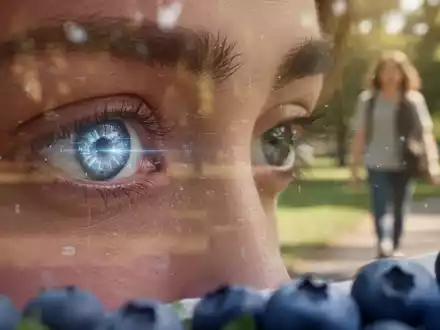 Nahaufnahme eines menschlichen Auges mit digitaler Reflexion und verschwommenen Blaubeeren im Vordergrund, im Hintergrund ein Park. - Foto: ĂŒber boerse-global.de