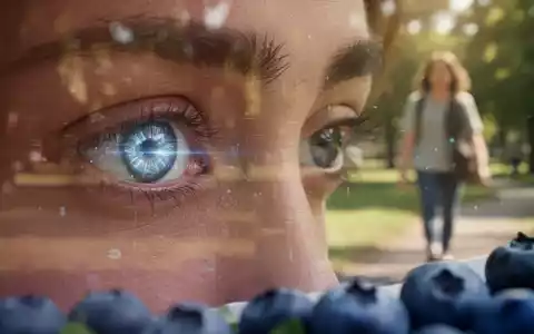 Nahaufnahme eines menschlichen Auges mit digitaler Reflexion und verschwommenen Blaubeeren im Vordergrund, im Hintergrund ein Park. - Foto: über boerse-global.de