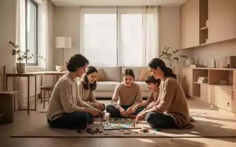 Eine Familie spielt in einem minimalistisch eingerichteten Einzimmer-Apartment Brettspiele auf dem Boden. Der Raum ist hell und warm beleuchtet. - Foto: über boerse-global.de
