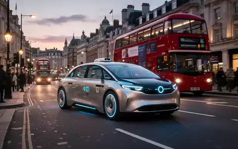 Ein futuristisches autonomes Robotaxi mit leuchtenden Scheinwerfern fährt bei Dämmerung eine belebte Londoner Straße entlang, im Hintergrund ein ikonischer roter Bus. - Foto: über boerse-global.de