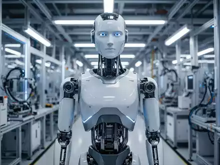 Hochentwickelter humanoider Roboter mit metallischen Gliedmaßen in futuristischer Fabrik. - Foto: über boerse-global.de
