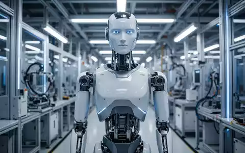 Hochentwickelter humanoider Roboter mit metallischen Gliedmaßen in futuristischer Fabrik. - Foto: über boerse-global.de