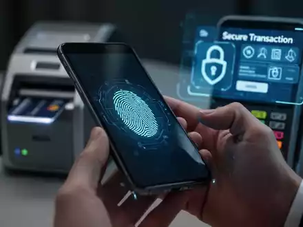 Nahaufnahme einer Hand, die ein Smartphone mit Fingerabdruckscan auf dem Bildschirm hält, zur biometrischen Authentifizierung für sichere Zahlungen. - Foto: über boerse-global.de
