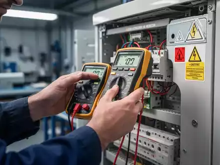 Nahaufnahme der Hände eines Technikers, der mit einem Multimeter ein elektrisches Gerät in einer Werkstatt prüft. - Foto: über boerse-global.de