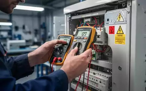 Nahaufnahme der Hände eines Technikers, der mit einem Multimeter ein elektrisches Gerät in einer Werkstatt prüft. - Foto: über boerse-global.de