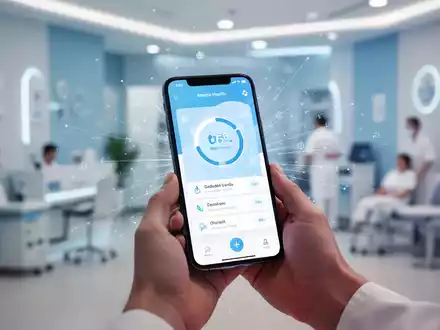 Eine Person hält ein Smartphone mit einer Gesundheits-App-Oberfläche in den Händen, umgeben von digitalen Elementen. - Foto: über boerse-global.de