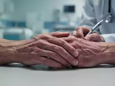 Nahaufnahme der Hände einer Pflegekraft, die Müdigkeit und Stress zeigen, mit unscharfem Hintergrund einer Pflegeeinrichtung. - Foto: über boerse-global.de