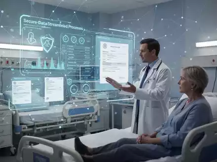 Arzt und Patient interagieren mit holografischer Anzeige von Gesundheitsakten und Versicherungsformularen in einem modernen Krankenhauszimmer. - Foto: über boerse-global.de