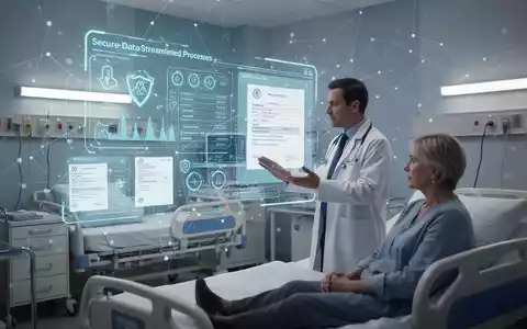 Arzt und Patient interagieren mit holografischer Anzeige von Gesundheitsakten und Versicherungsformularen in einem modernen Krankenhauszimmer. - Foto: über boerse-global.de