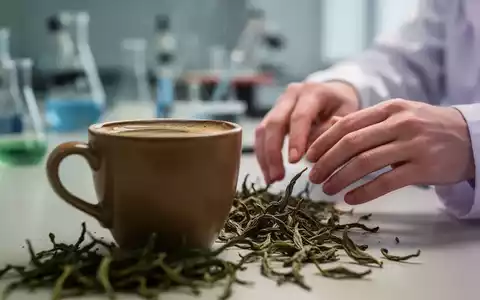 Eine Tasse Kaffee und grüne Teeblätter verschwommen im Vordergrund, Hände berühren sie leicht, Hintergrund ist ein Forschungslabor. - Foto: über boerse-global.de