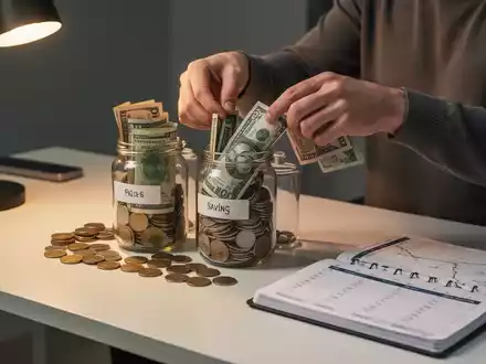 Eine Person sortiert Münzen und Banknoten in beschriftete Gläser auf einem Schreibtisch, daneben ein Notizbuch zur Finanzplanung. - Foto: über boerse-global.de