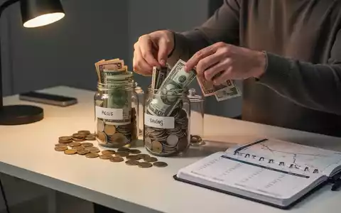 Eine Person sortiert Münzen und Banknoten in beschriftete Gläser auf einem Schreibtisch, daneben ein Notizbuch zur Finanzplanung. - Foto: über boerse-global.de