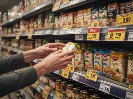 Eine Hand greift in einem Supermarktregal nach einer kleineren Produktverpackung, die geringfügig höhere Preise pro Mengeneinheit aufweist. - Foto: über boerse-global.de