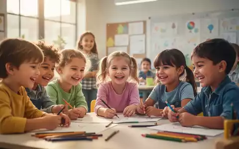 Eine vielfältige Gruppe von Kindern im Grundschulalter, die in einem hellen Klassenzimmer fröhlich zusammen lernen und spielen. - Foto: über boerse-global.de