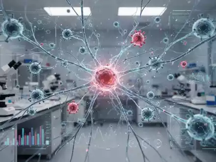 Abstrakte Darstellung von neuronalen Bahnen und Immunzellen mit leuchtenden Verbindungen, die wissenschaftliche Forschung symbolisiert. - Foto: über boerse-global.de
