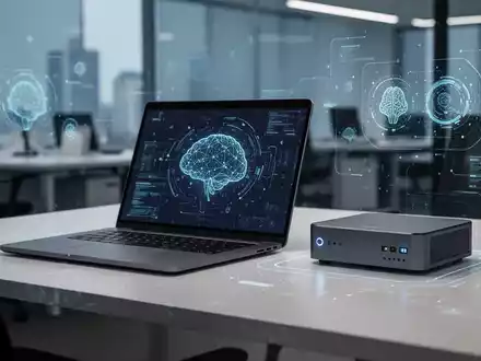 Ein schlankes Laptop und ein kompakter Mini-PC stehen auf einem modernen Schreibtisch in einem professionellen Büro. Dezente digitale Elemente deuten auf KI-Verarbeitung hin. - Foto: über boerse-global.de