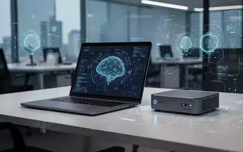 Ein schlankes Laptop und ein kompakter Mini-PC stehen auf einem modernen Schreibtisch in einem professionellen Büro. Dezente digitale Elemente deuten auf KI-Verarbeitung hin. - Foto: über boerse-global.de