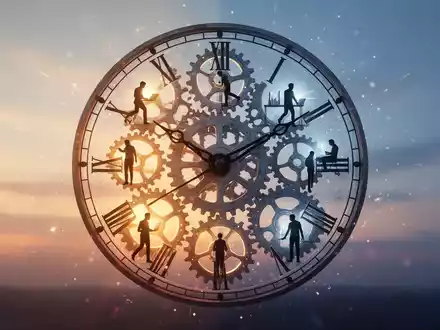 Eine stilisierte Uhr mit leuchtenden Zahnrädern und schemenhaften menschlichen Silhouetten, die verschiedene Chronotypen darstellen. - Foto: über boerse-global.de