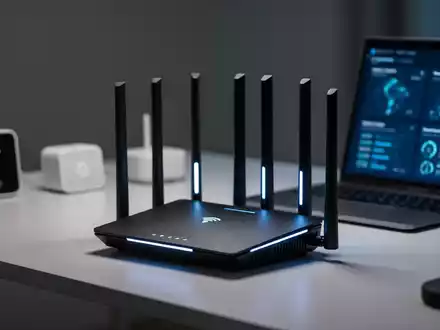 Ein moderner WiFi-7-Router auf einem Schreibtisch, umgeben von verschwommenen Smart-Home-Geräten und einem Laptop-Bildschirm. - Foto: über boerse-global.de