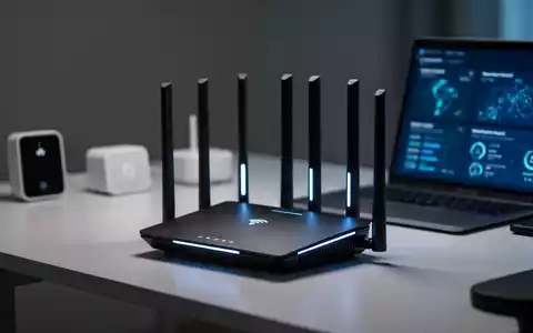 Ein moderner WiFi-7-Router auf einem Schreibtisch, umgeben von verschwommenen Smart-Home-Geräten und einem Laptop-Bildschirm. - Foto: über boerse-global.de