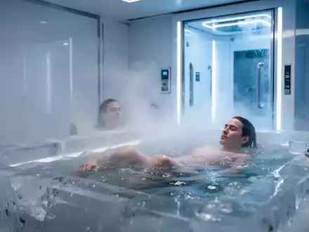 Eine Person taucht in ein modernes Eisbad ein, umgeben von Nebel und blauem Licht, mit einer Kältekammer im Hintergrund. - Foto: über boerse-global.de