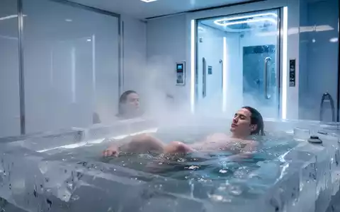 Eine Person taucht in ein modernes Eisbad ein, umgeben von Nebel und blauem Licht, mit einer Kältekammer im Hintergrund. - Foto: über boerse-global.de
