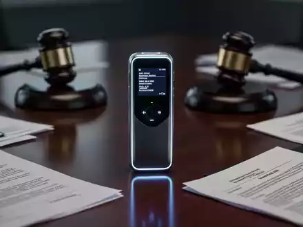 Ein modernes KI-Audio-Aufnahmegerät auf einem Konferenztisch mit verschwommenen Rechtsdokumenten und einem Richterhammer. - Foto: über boerse-global.de