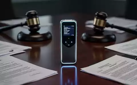 Ein modernes KI-Audio-Aufnahmegerät auf einem Konferenztisch mit verschwommenen Rechtsdokumenten und einem Richterhammer. - Foto: über boerse-global.de