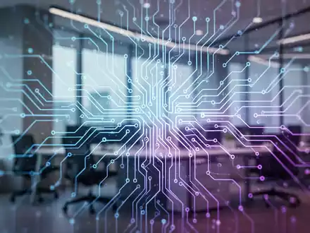 Eine stilisierte, leuchtende neuronale Netzwerkgrafik überlagert eine moderne Büroumgebung, die KI-Investitionen und Transformation darstellt. - Foto: über boerse-global.de
