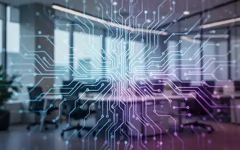 Eine stilisierte, leuchtende neuronale Netzwerkgrafik überlagert eine moderne Büroumgebung, die KI-Investitionen und Transformation darstellt. - Foto: über boerse-global.de