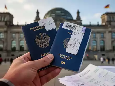 Eine Hand hält einen deutschen Reisepass und ein Bahnticket vor dem unscharfen Hintergrund des Reichstagsgebäudes in Berlin. - Foto: über boerse-global.de