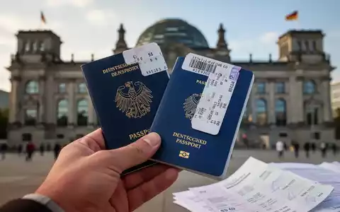 Eine Hand hält einen deutschen Reisepass und ein Bahnticket vor dem unscharfen Hintergrund des Reichstagsgebäudes in Berlin. - Foto: über boerse-global.de