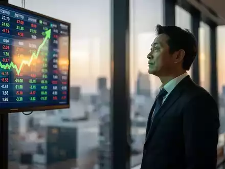 Ein japanischer Geschäftsmann in einem modernen Büro betrachtet einen digitalen Aktien-Ticker mit aufsteigendem Nikkei 225-Trend. Im Hintergrund ist eine verschwommene Stadtansicht von Tokio bei Sonnenaufgang zu sehen. - Foto: über boerse-global.de