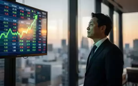 Ein japanischer Geschäftsmann in einem modernen Büro betrachtet einen digitalen Aktien-Ticker mit aufsteigendem Nikkei 225-Trend. Im Hintergrund ist eine verschwommene Stadtansicht von Tokio bei Sonnenaufgang zu sehen. - Foto: über boerse-global.de