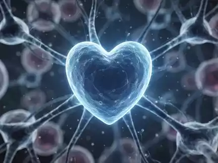 Ein stilisiertes, leuchtend blaues Herzsymbol über einem verschwommenen Hintergrund aus abstrakten neuronalen Pfaden oder Zellen. - Foto: über boerse-global.de